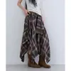 Otoño Invierno Ligero Coreano Retro Dobladillo Irregular Lazo en la Cintura Falda Larga Falda de Cuadros Calle Estilo Japonés