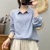 Camisa de Hilo de Algodón Doble Tejido a Rayas Finas Simples para Mujer, Estilo Fresco, Estilo Literario, Casual, Holgada, Combinable, Top de Primavera