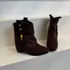 2026 Botines Cortos Retro Bohemios con Flecos y Tacón Grueso, Elegantes y Pequeños, Aumentadores de Altura, Estilo Vaquero Occidental para Mujer