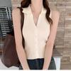 Chaleco sin Mangas con Cuello Polo para Mujer Nuevo Arribo Francés Cárdigan de Un Solo Botón Combinable Adelgazante Corto Celebridad Elegante Camisa Básica