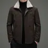 Casaco de Couro Masculino com Gola de Pele de Lã de Cordeiro, Jaqueta de Camurça Grossa de Inverno, Top Curto Casual