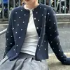 Cardigan de Tricô Jacquard com Bolinhas Retrô Casaco Feminino para Primavera e Outono, Casual, Simples, Versátil, Top Emagrecedor
