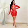 X5565 Aliexpress Amazon Moda Producto Nuevo Discoteca Malla de Pedrería Transparente Manga Larga Hueco Vestido Midi