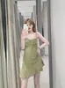 ZA Comercio Exterior Transfronterizo Vestido de Tirantes Verde Estampado con Cordones para Mujer Verano Falda de Línea A Adelgazante para Vacaciones