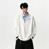 Moletom estilo americano, corte justo, falso duas peças, para homens, marca da moda, primavera e outono, sensação relaxada, camiseta de manga comprida com camada interna de camisa polo