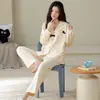 Conjunto de pijama de algodão puro com mangas compridas e calças compridas, novo estilo outono cardigã, conjunto de duas peças moderno de algodão para casa feminino