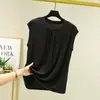 Colete Feminino Bitton de Algodão Novo para Verão, Gola Redonda, com Design Plissado, Cor Sólida, Sem Mangas, Fino, Top Base Slim-Fit