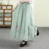 Falda midi bordada artística y vintage de algodón y lino para mujer, estilo chino, corte holgado, adelgazante, falda de línea A bordada con un dobladillo completo