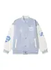 Jaqueta Feminina Patchwork com Coração Bordado e Cachorro, Couro PU Contrastante, Outono, Estilo Baseball Solto Chic Preguiçoso