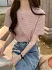 Camiseta de Manga Corta a Rayas de Color de Contraste para Verano 2024 para Mujer, Estilo Coreano, Holgada, Casual, Cuello Redondo, Camiseta Básica, Top Versátil, de Moda