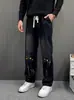 Calça Scimitar Graffiti Primavera e Outono para Homens, Calça Reta Solta com Cordão, Calça Masculina Cool, Nova Calça Casual Tendência de Perna Larga