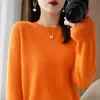 Suéter de malha versátil com mangas compridas para outono e inverno, camisa base fina de gola redonda curta para mulheres, cor sólida