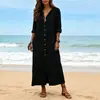 2026 Otoño Transfronterizo Vestido Largo Casual para Mujer de Manga Media con Cuello en V y Botones Frontales para el Trabajo