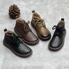 Botines Cortos Retro Hechos a Mano de Cuero Genuino para Mujer 2025 Otoño Nuevo Estilo Cuero Suave Suela Suave Punta Redonda con Cordones Casual Botas Martin