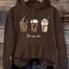 Sudadera Casual de Moda para Mujer, Patrón de Café - Poliéster, con Cordón, Bolsillos Código Inglés