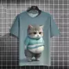 Verão 2025 novo T-shirt masculina de manga curta transfronteiriço AliExpress impressão 3D gato fofo gola redonda manga curta T-shirt top