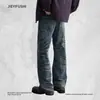 Calça Jeans Masculina Estilo Americano Rasgada com Fenda Bigode, High Street Vintage Lavado, Silhueta Tendência, Perna Larga