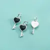 Plata de Ley S925 Artesanía Fina Accesorios Corazón de Resina Negra Colgante de Llave Pulsera de Abalorios de Cristal DIY Encanto de Llave