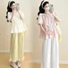 Moda Gestante 2025 Novo Estilo de Verão Fresco e Doce Top com Laço + Calça Wide Leg Franzida de Suporte para a Barriga Conjunto de Duas Peças