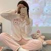 Pijama de Franela Dulce Transfronterizo Coreano para Mujer Otoño e Invierno Raya Vertical Bordado Dibujo Animado Perro Yugui Ropa de Casa de Comercio Exterior