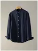 Nova Camisa Masculina de Outono Estilo Chinês Novo Gola Alta Manga Longa de Linho-Tencel, Versátil Elegante Vintage Estilo Old Money com Bolso