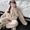 Pijama feminino, roupão de inverno em fleece coral, conjunto de flanela com zíper para menina, moletom para estudante adolescente