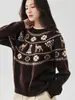Suéter Tejido Vintage Fair Isle ~ Jacquard de Alce de Peso Pesado 100% Cachemir para Mujer, Cuello Redondo, Engrosado, Corte Holgado