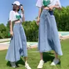 Falda vaquera de talla grande de cintura alta para primavera y otoño, nueva, estilo académico para mujer, cubre barriga, adelgazante, versátil, midi, línea A, falda de paraguas