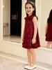 Vestido de Verão para Meninas Cor Vinho Laço Pérola Bainha de Renda Dupla Camada Vestido Roupas Infantis Transfronteiriças