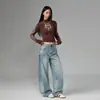 Jeans azul de corte curvo, estilo americano moderno, de alta qualidade, perna larga, corte solto, versátil, estilo de rua, com lavagem pesada, unissex