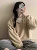 Moletom de lã com zíper frontal, gola alta macia e felpuda, mangas compridas, estilo Dongdaemun coreano, para mulheres, jaqueta hoodie casual solta, moderna