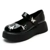 Sapatos Femininos Mary Jane de Solado Grosso Tamanho Pequeno Novo Estilo 2024 Sapatos Rasos de Salto Aumentado Couro Patentado Preto Sapatos Pequenos de Couro Item Quente