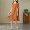 Vestido casual de algodão e linho, com corte solto e versátil, de manga curta e comprimento médio, novo estilo de verão, elegante e rejuvenescedor para mulheres