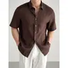 [Linho Puro] Estilo Old Money Italiano Camisa de Verão Respirável Fresca Manga Curta Casual Solta Top Roupa Masculina