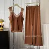 Novedad de Primavera Más Vendida Estilo Retro Tirantes de Encaje para Mujer con un Toque de Lujo, Color Sólido Hielo Seda Cómodos Pantalones Largos Tirantes para Mujer