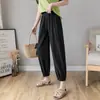 Pantalones bombachos de algodón y lino para mujer, verano, holgados, cintura alta, drapeados, de lino, hasta el tobillo, casuales, finos, tipo rábano, pantalones harén