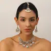 Colar com Tassel de Pérola e Flor de Strass Brincos Corrente de Testa Joias da Moda Conjunto de Três Peças Estilo Étnico Indiano Transfronteiriço