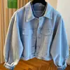 Chaqueta de mezclilla retro de color claro para mujer, nuevo estilo primavera 2026, corte holgado, súper elegante, forro de cuadros, longitud corta, top con cuello de solapa