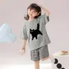 Pijama Desenho Animado Fofo para Meninas, Crianças Maiores, Conjunto de Roupa de Casa Fina para o Verão, Alunas do Ensino Fundamental, Conjunto de Calça de Manga Curta, Estilo Verão