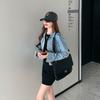 [Hoja de Otoño Inglaterra] Más Fácil para Combinar Solapa Slim Corta Industria Pesada B Hogar Chaqueta de Mezclilla Metálica para Mujer