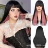 Peruca Cosplay Halloween Europeia e Americana para Senhoras Nova Harajuku Franja Cheia Combinação de Duas Cores Cabelo Longo Liso Conjunto de Peruca Cosplay