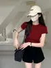 Camiseta de Manga Corta de Algodón Puro Acanalado para Mujer, 240g, Verano 2026, Estilo Corto, Elástica, Corte Ajustado, Estilo Sexy, Top Adelgazante para Mujer