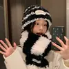 Gorro de Invierno Nuevo Holgado con Protección para las Orejas para Mujer, Rayado de Lana, Adelgazante del Rostro, Felpa, Cálido, Grueso, Gorro de Punto para Circunferencia de Cabeza Grande
