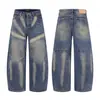 ScimitarOutono/Inverno Jeans Scimitar Retro Americano para Homens High Street Patchwork Lavado Spray Cavalo Marca Tendência Calças