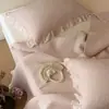 Conjunto de Colcha de Algodão com Renda Estilo Coreano Romântico Três Peças Cobertor de Cama de Algodão Puro Lavado com Areia Anti-Manchas Quarto de Menina Rosa Grande Larga