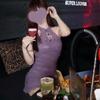 Terno Roxo Novo Estilo Chinês Feminino Pura Desejo Spice Girl Elegante Cardigã com Xale Renda Gola Vazada Vestido Conjunto de Duas Peças