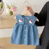 Vestido de Verano de Mezclilla para Niñas, Nuevo Estilo, Bordado de Parche de Gato, Cuello Campana, Sin Mangas, Corte A, Vestido tipo Camiseta para Niñas, Transfronterizo