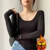 Camiseta Base Engrosada Forrada de Polar para Mujer Cuello en U Manga Larga de Invierno Ropa Exterior Ajustada para Mujer Camiseta Adelgazante Versátil de Moda para Mujer
