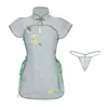Cheongsam Transparente Estilo Nacional Roupa Sexy para Mulheres, Renda Bordada Pura Malha Fenda com Cadarço Camisola Sexy de Verão Estilo Fino