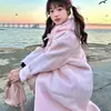 Abrigo de lana rosa para mujer, venta al por mayor transfronteriza de otoño e invierno, elegante abrigo de lana de longitud media estilo coreano con lazo de alta gama